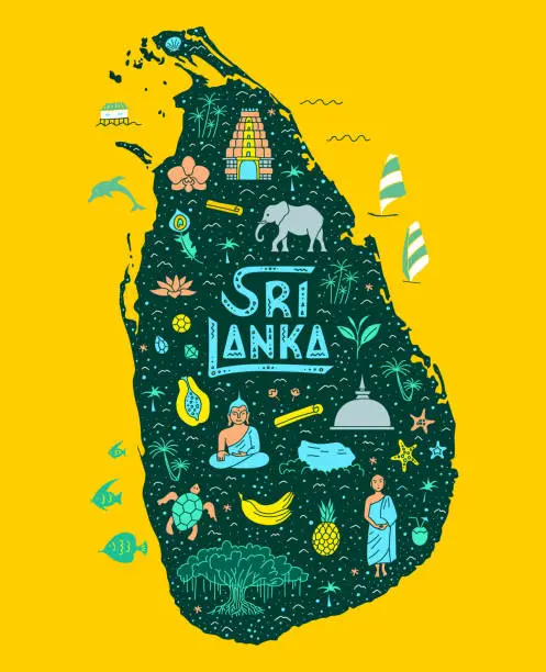 Vector illustration of Sri Lanka cartoon map. Hand-drawn touristic map of the country with main attractions.