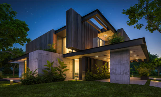 istock 3d rendering of modern house with wood plank facade in night 1222415672