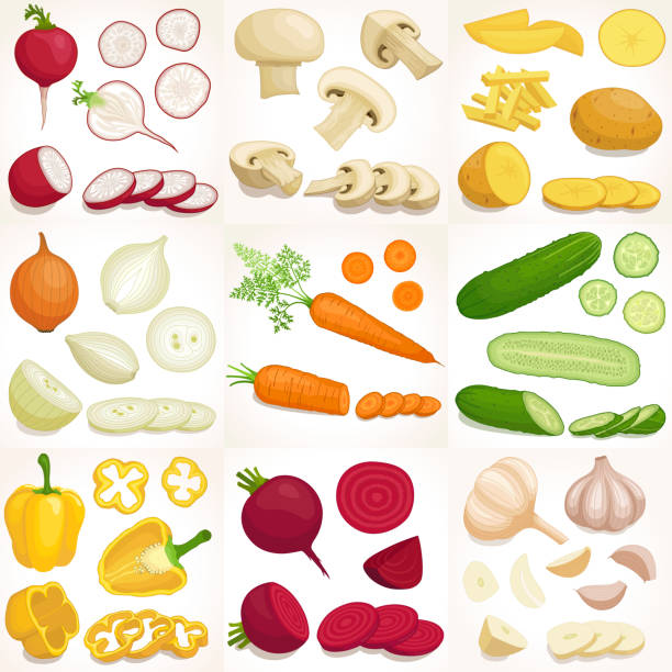 ilustrações de stock, clip art, desenhos animados e ícones de set of various whole and sliced vegetables. vector illustration. - chopped