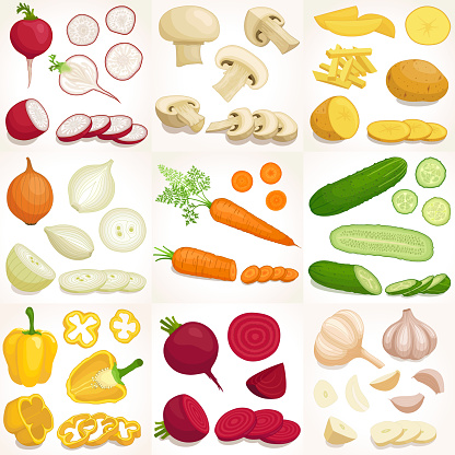 Vegetable set. Vector illustration. Whole, sliced and chopped various  vegetables