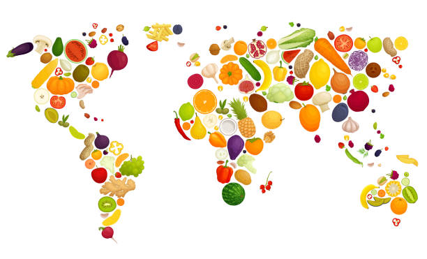 istock Vegetables and fruits in the form of continents. Vector. 1222415904