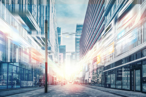 istock Big data network through city streets, wireless mobile internet technology, smart grid, 5G LTE data connection, concept about IoT, global business, fintech, blockchain, computer graphic 1222417104