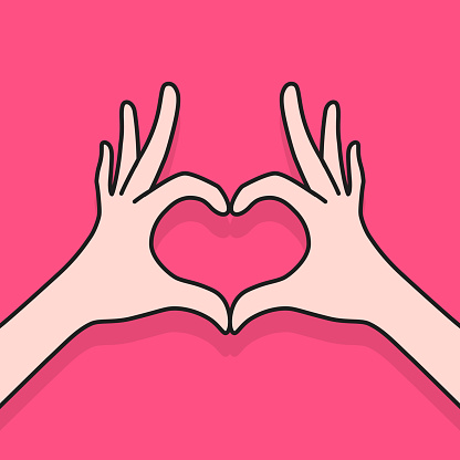 cartoon female hands making heart. concept of amour grace or good rest and community or support. flat life style trend idea modern charity graphic art design isolated on pink background