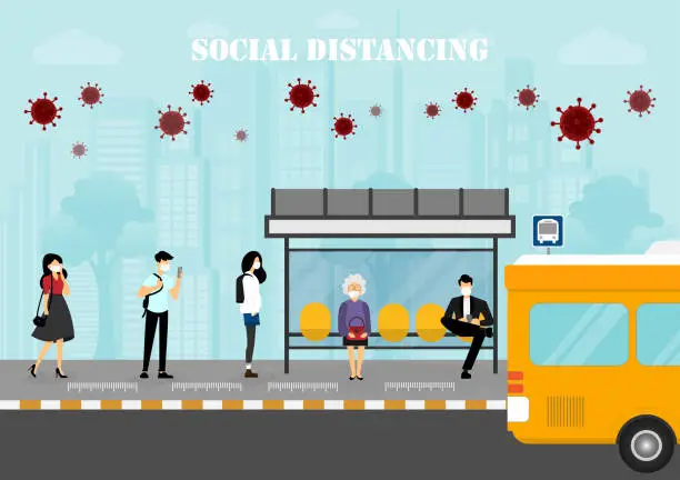 Vector illustration of A vector design concept of Social Distancing during Coronavirus (Covid-19) outbreak at the bus stop. People are waiting for the bus illustration.