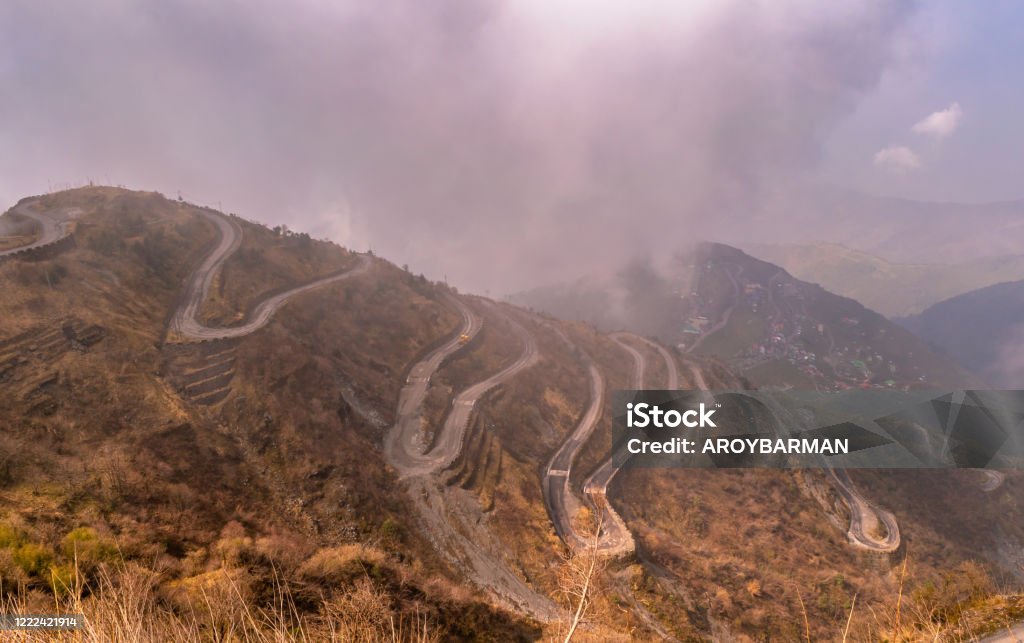 Zigzag road Three Level Zigzag road is probably the most dizzying road in the world. Located in the Sikkim Indian state. Adventure Stock Photo