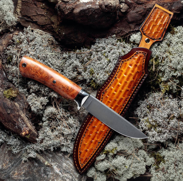 istock Hunter combat hand made knife with case on a moss in forest.  Top view. 1222424054
