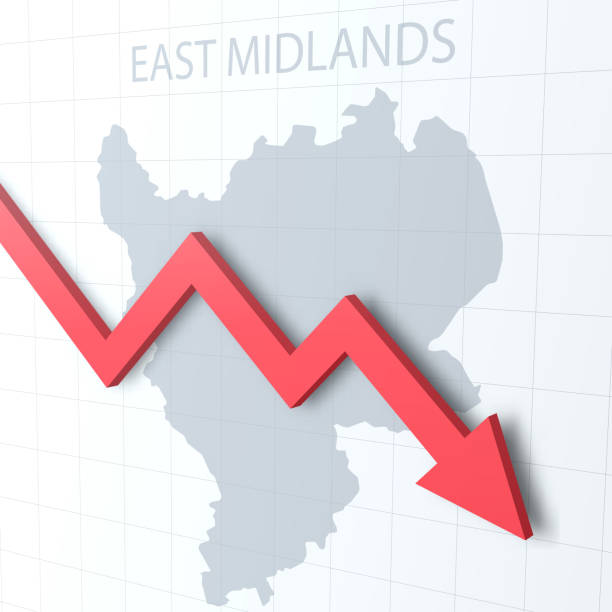 illustrazioni stock, clip art, cartoni animati e icone di tendenza di freccia rossa che cade con la mappa delle east midlands sullo sfondo - east midlands illustrations