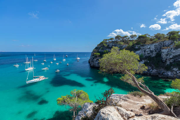 Seascape view of the most beautiful bay Cala Macarella of the island Menorca, Balearic islands, Spain Seascape view of the most beautiful bay Cala Macarella of the island Menorca, Balearic islands, Spain minorca photos stock pictures, royalty-free photos & images