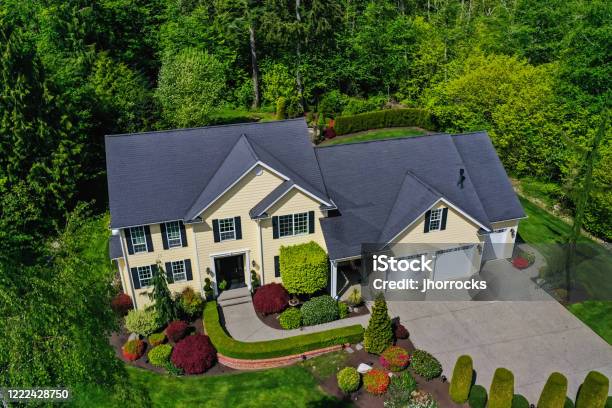 Aerial View Of A Modern American Craftsman Style House Exterior Stock Photo - Download Image Now