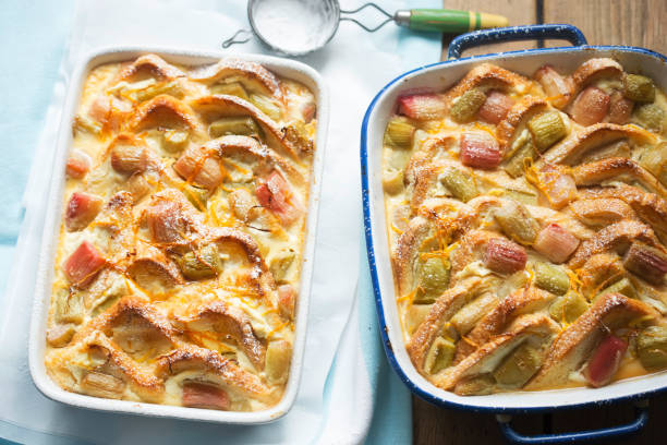 istock Rhubarb & ricotta bread & butter pudding with icing sugar 1222428796