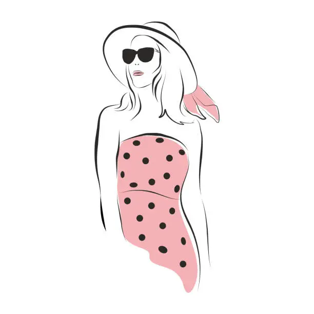 Vector illustration of Model in pink dotted dress wearing hat and cat eye black glasses. Beautiful elegant glamour women going on vacation trip. Stylish sketch of a sexy girl. Business lady goes shopping. Summer look vector