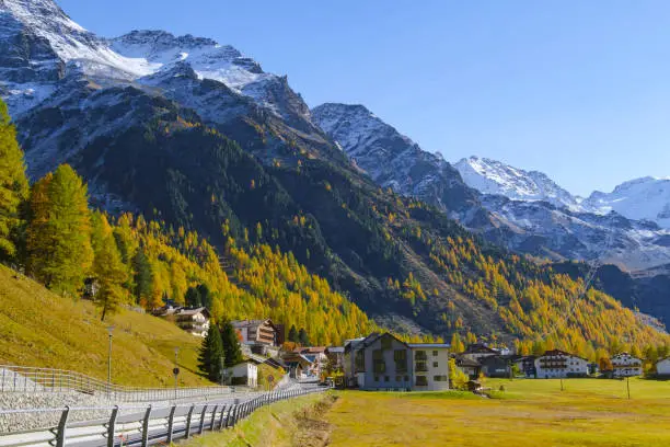 Beautiful Landscape view of Sulden small town at Bolzano Italy in autumn.Nature background.