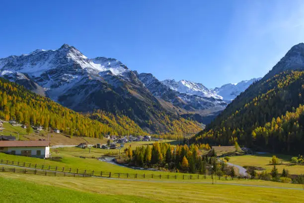 Beautiful Landscape view of Sulden small town at Bolzano Italy in autumn.Nature background.