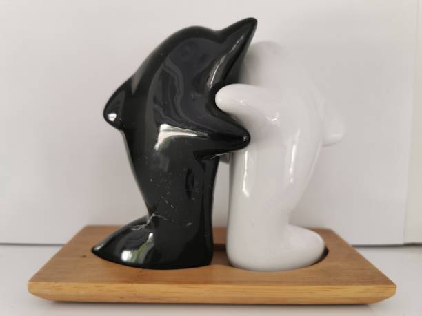istock Salt and Pepper Shakers marble black and white hugging dolphins shape 1222430671