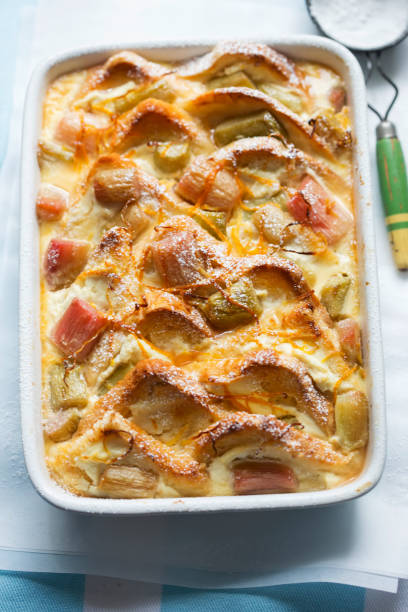 istock Rhubarb & ricotta bread & butter pudding with icing sugar 1222431940