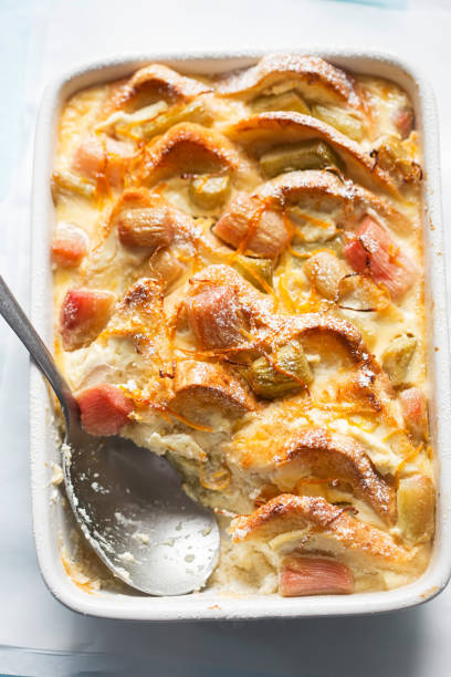 istock Rhubarb & ricotta bread & butter pudding with icing sugar 1222433798