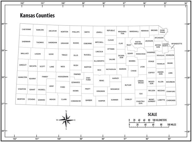 캔자스 주 개요 행정 및 정치 벡터 지도 흑백 - kansas map cartography county stock illustrations