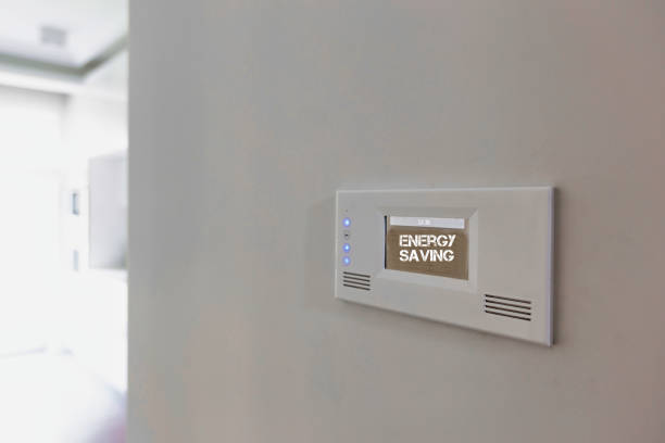 istock Close up photo of modern energy saving touch switch board on wall 1222435720