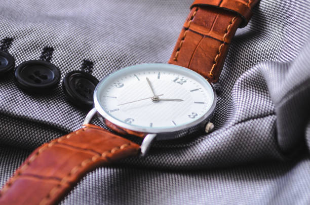 istock luxury watch on a suit with a leather belt. 1222435752