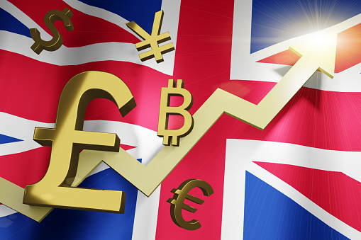 Golden British Money currency Sign for Business with United Kingdom Flag and Arrow Rise up for financial background, 3D Rendering with copy space.