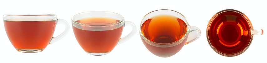 Cup of tea from different angles isolated on white background
