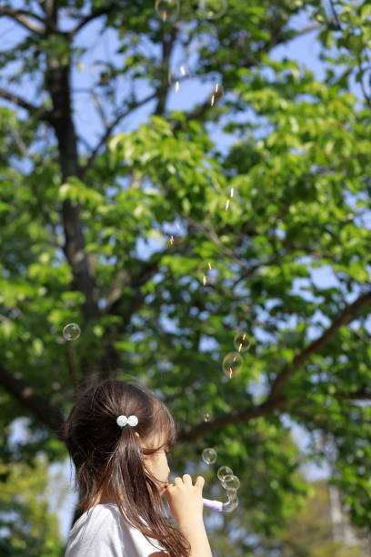 istock Japanese girl playing with bubble in the green (appearance from behind) (5 years old) 1222437893