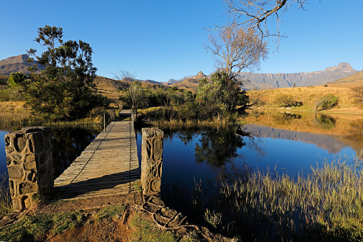 Scenic pond against a backdrop of the Drakensberg mountains, Royal Natal National Park, South Africa