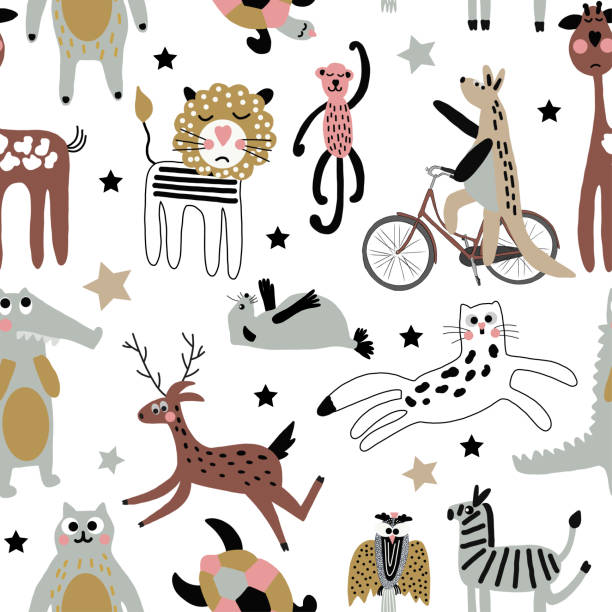 Seamless pattern. Cute cartoon. Wild animals. White background. Hand drawn vector illustration. Seamless pattern. Cute cartoon. Wild animals. White background. Pastel color. For baby textile or other decoration. czech lion stock illustrations