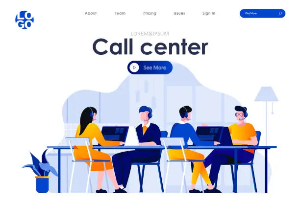 Vector illustration of Call center flat landing page design. Hotline operators with headsets in office scene with header.