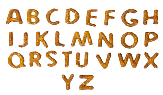 Pretzel Alphabet isolated on white background (close up shot)