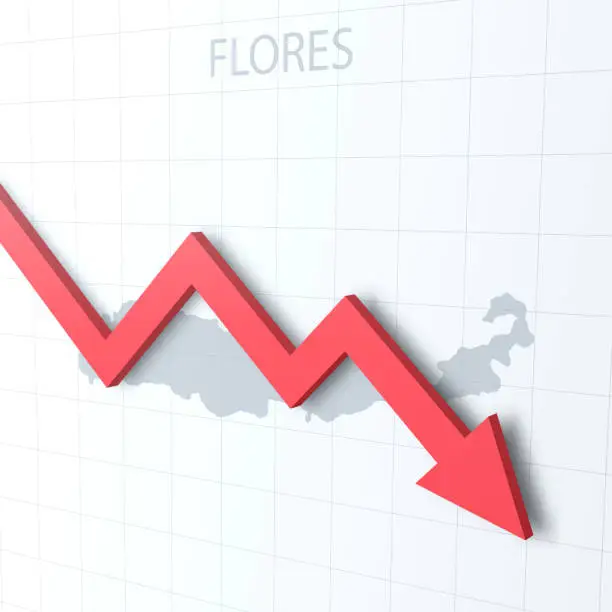 Vector illustration of Falling red arrow with the Flores map on the background