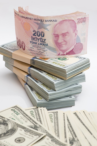 Turkish Liras And US Banknotes stock photo