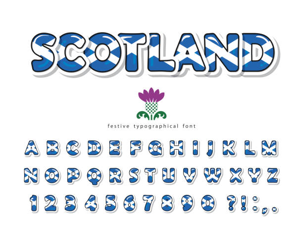 Scotland font. Scottish national flag colors. Paper cutout glossy ABC letters and numbers. Bright alphabet for tourism t-shirt, souvenir design. Vector Scotland font. Scottish national flag colors. Paper cutout glossy ABC letters and numbers. Bright alphabet for tourism t-shirt, souvenir design. Vector illustration Scottish Thistle stock illustrations