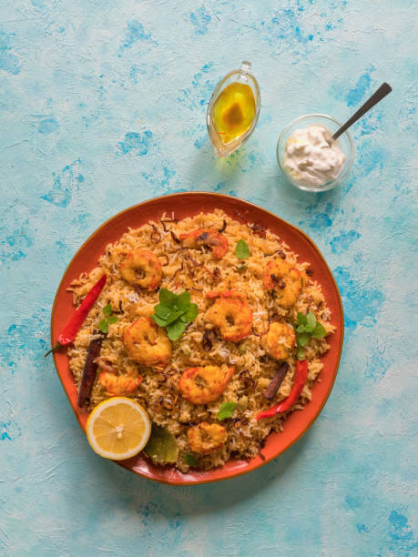 Biryani with shrimp. Tasty and delicious prawns biryani, top view