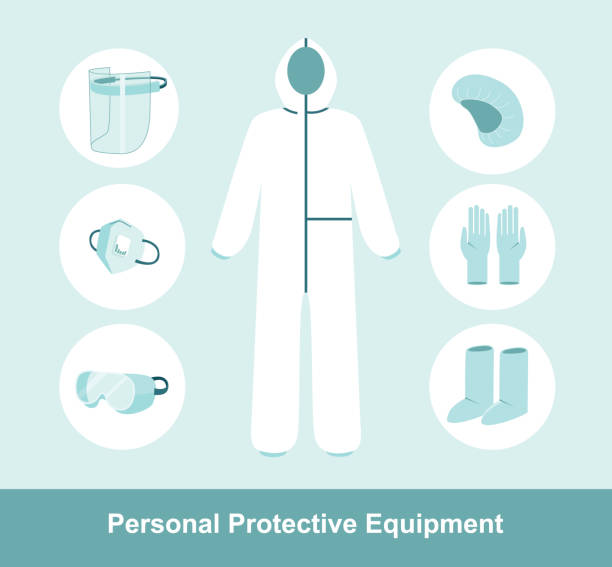 havadaki kirleticiler için ppe kişisel koruyucu ekipman. komple koruma kiti tam vücut tıbbi tulum. düz vektör çizimi - google stock illustrations
