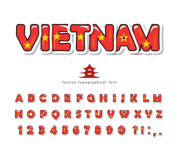 Vector illustration of Vietnam cartoon font. Vietnamese national flag colors. Paper cutout glossy ABC letters and numbers. Bright alphabet for tourism design. Vector