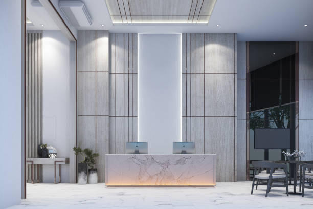 istock Reception waiting area lobby with wall decorate sales gallery on white marble floor and table with chair 3d rendering 1222444645