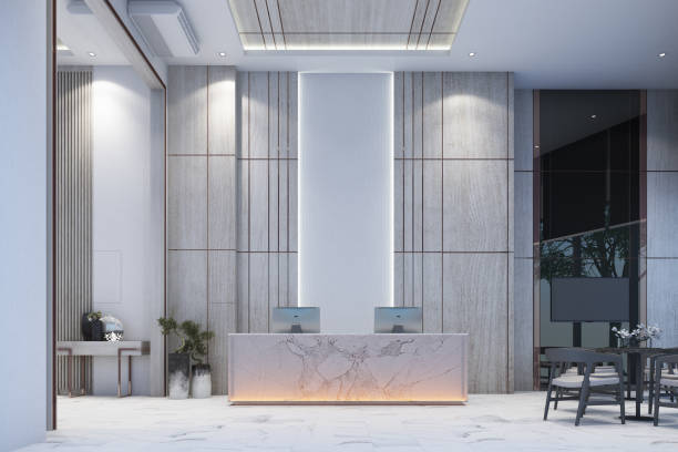 reception waiting area lobby with wall decorate sales gallery on white marble floor and table with chair 3d rendering - hotel desk reception imagens e fotografias de stock