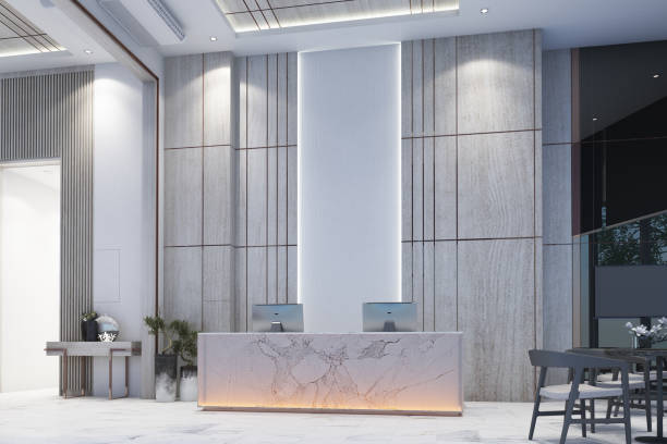 istock Reception waiting area lobby with wall decorate sales gallery on white marble floor and table with chair 3d rendering 1222444649