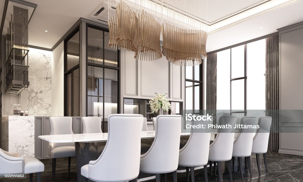 Dining room in modern classic style with dining chair and table on black marble floor and classic element decoration wall and ceiling 3d rendering Dining Table Stock Photo