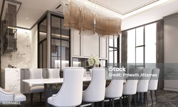 Dining Room In Modern Classic Style With Dining Chair And Table On Black Marble Floor And Classic Element Decoration Wall And Ceiling 3d Rendering Stock Photo - Download Image Now