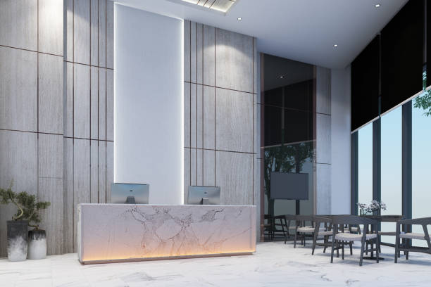 istock Reception waiting area lobby with wall decorate sales gallery on white marble floor and table with chair 3d rendering 1222444662
