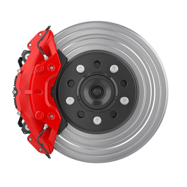 disco de freio de carro e pinça vermelha isolada - part of vehicle brake disc brake pad isolated - fotografias e filmes do acervo