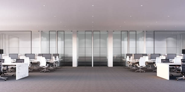 istock Modern office working area with grey carpet floor and white desk and meeting room 3d rendering 1222444747