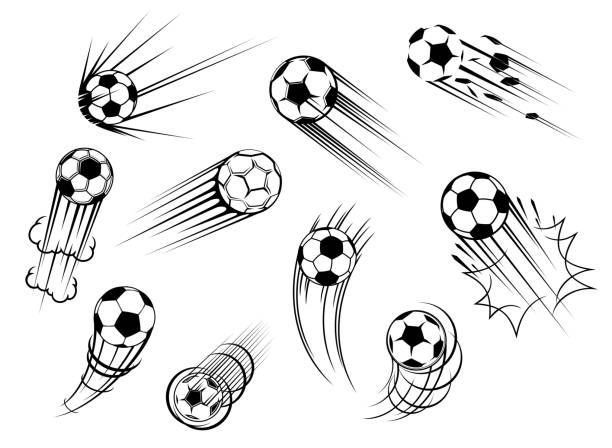 Sport balls icons, soccer game football goal Soccer and football ball flying with goal kick trace, vector icons. Soccer sport club and football college team tournament and sport game match cup balls symbols football stock illustrations
