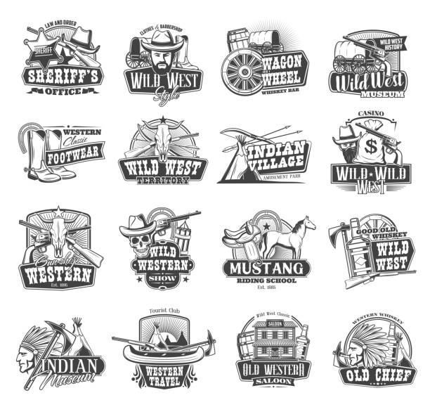 American Western, Wild West cowboy icons Wild West vector icons, American Western saloon and cowboy symbols. Texas western saloon, Indian village, mustang rodeo riding school, casino and robber bandit revolver wanted poster illustrations stock illustrations