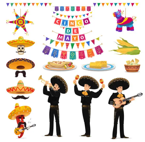 Vector illustration of Cinco de Mayo food, musician, sombrero and pinata