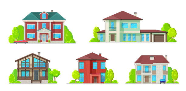 Real estate icons, residential buildings houses Houses and residential buildings, villas and mansions, real estate vector icons. Family house, duplex apartments and townhouse, private property, lodges and cottage architecture duplex stock illustrations