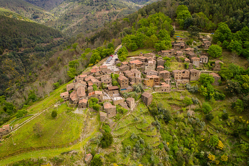 Talasnal drone aerial view schist village in Lousa, in Portugal