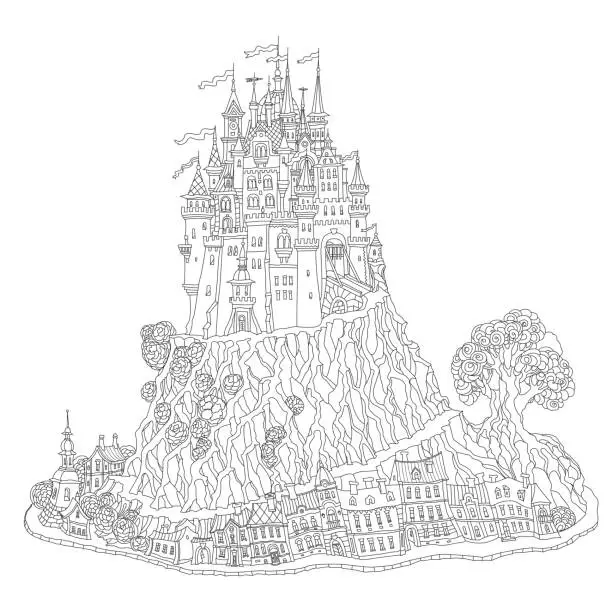 Vector illustration of Fantasy landscape with Fairy tale medieval castle on a hill, old houses, middle age street and buildings. T-shirt print. Album cover, card. Coloring book page for adults and children. Black and white